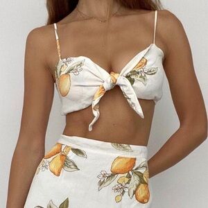 For Love and Lemons Limonada Lemon Print Crop Top Tie Front